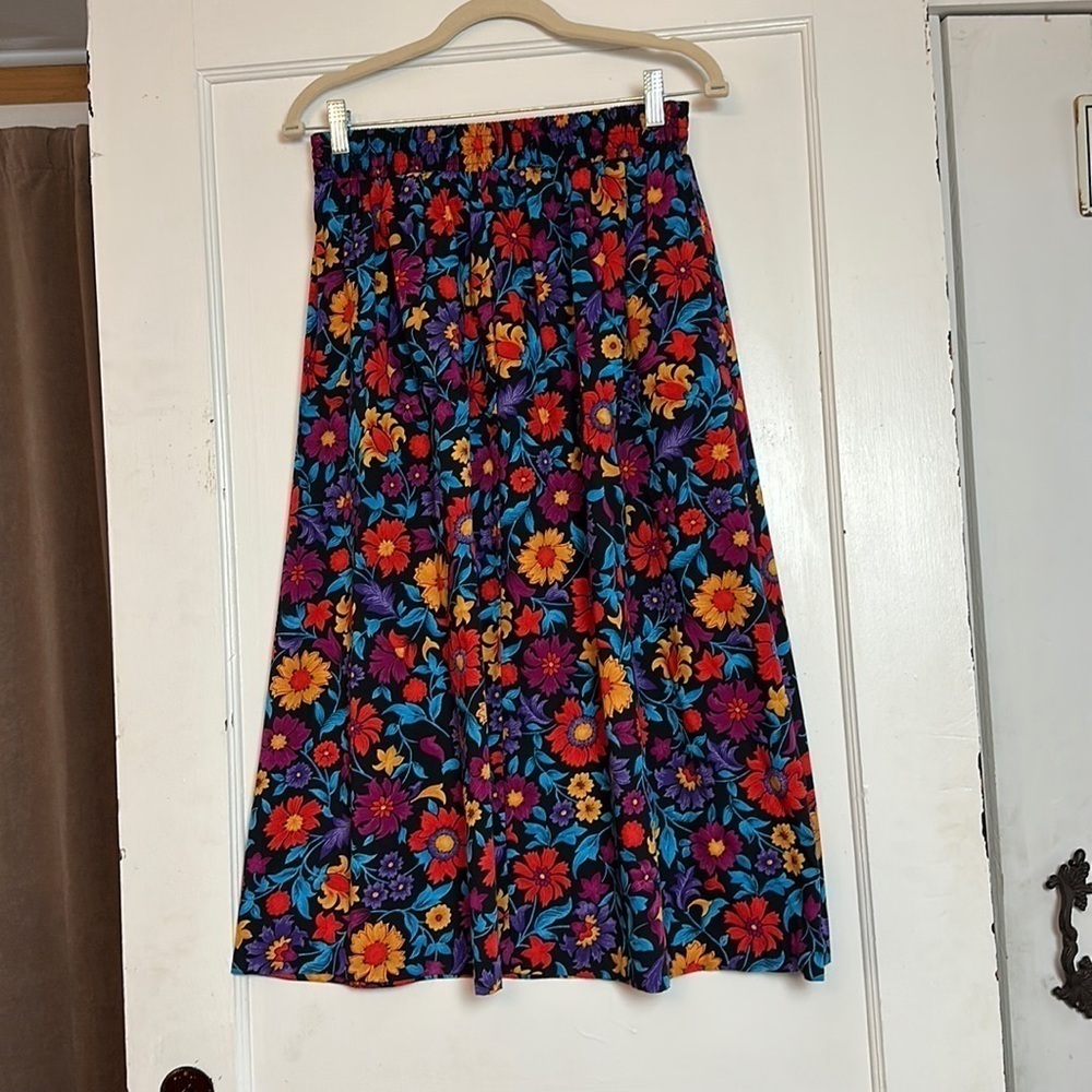 Vintage 90s Intriguing Threads Floral Midi Skirt Elastic Waist Pockets